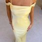 Elegant Pale Yellow Satin Off-the-Shoulder Spaghetti Strap Prom Dress DP8385