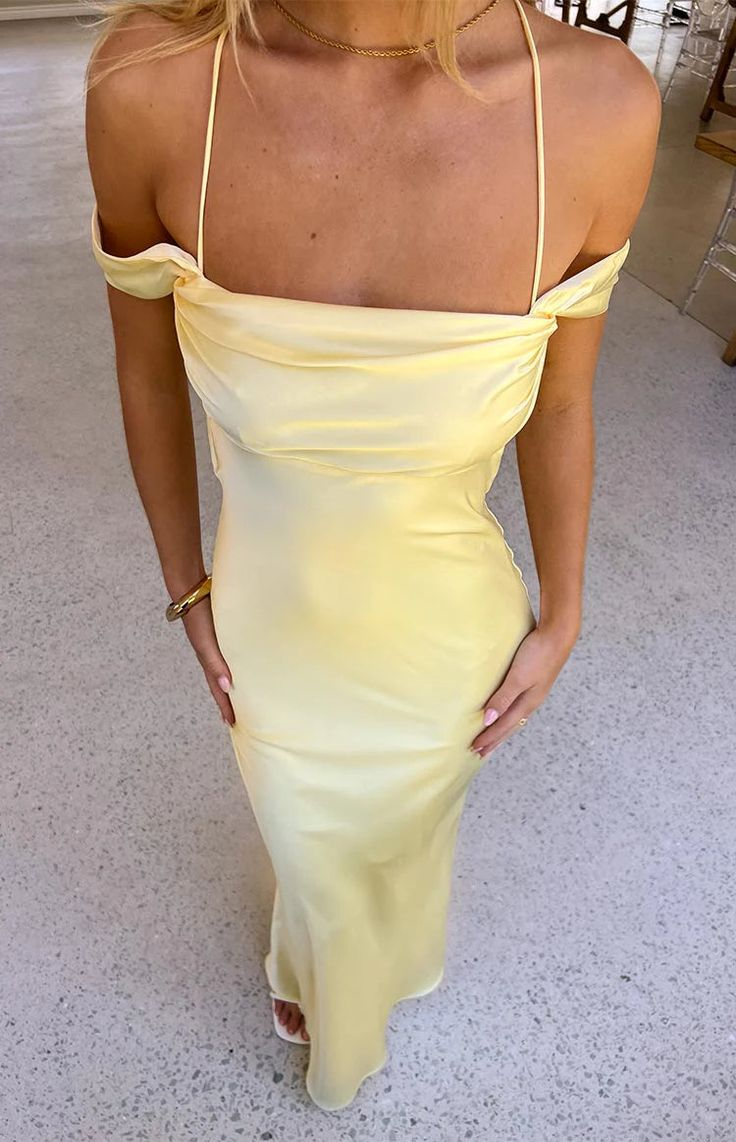 Elegant Pale Yellow Satin Off-the-Shoulder Spaghetti Strap Prom Dress DP8385