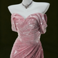 Unique Pink Velvet Sequin Prom Dress Sheath Sweetheart Evening Gown Off-the-shoulder Party Dress Irregular Tulle Hem Formal Dress DP6881