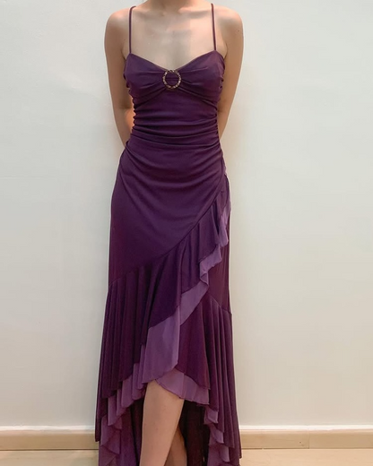 Vintage Purple Midi Gown Spaghetti Strap Layered Ruffled Slit Prom Dress DP3747