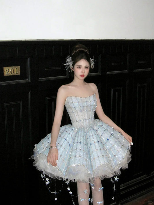 Gorgeous Shiny Light Blue Sequined A-Line Strapless Design Tiered Party Dress Homecoming Dress DP6245