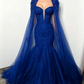 Luxury Beaded Mermaid Cape Evening Dress Tulle Formal Gown Prom Dress DS9575
