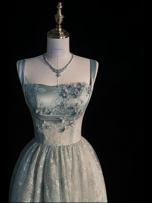 Light Blue Straps A-Line Tulle Lace Long Formal Prom Dress, DP3615