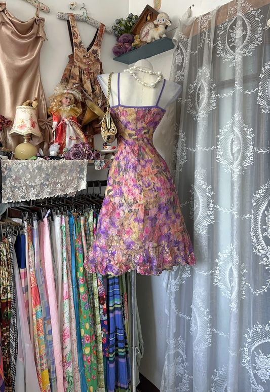 Vintage Floral Print Spaghetti Strap Homecoming Dress Ruffle Hem Mini Party Gown DP8324