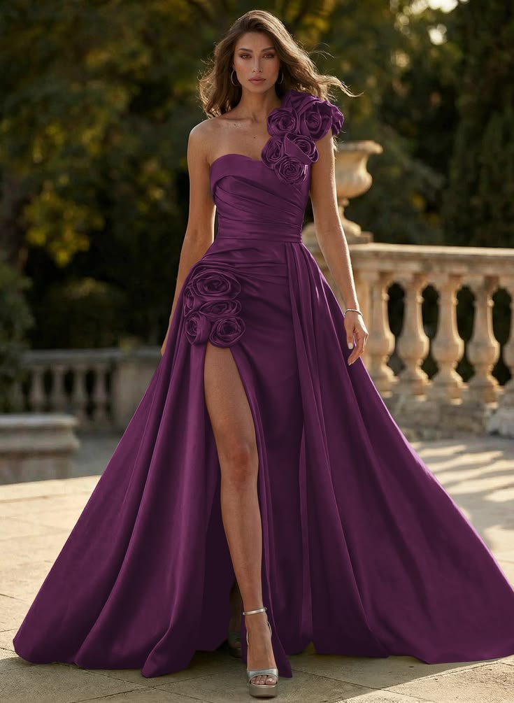 Elegant Purple One-Shoulder Satin Prom Dress 3D Floral Appliques High Slit A-Line Formal Evening Gown DP8213