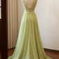 Glamorous Sage Green Lace V-Neck Chiffon A-Line Long Evening Dress DP8379