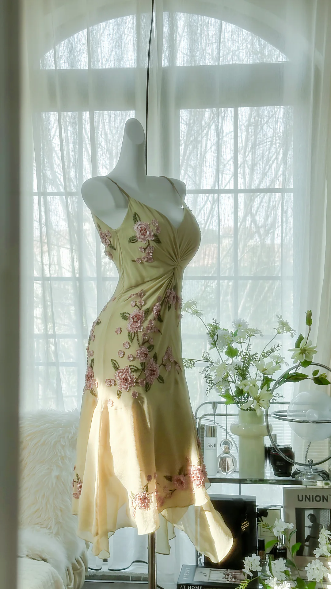 Vintage Light Green Spaghetti Strap Floral Design A-line Romantic Chiffon Evening Dress Prom Dress DP6027
