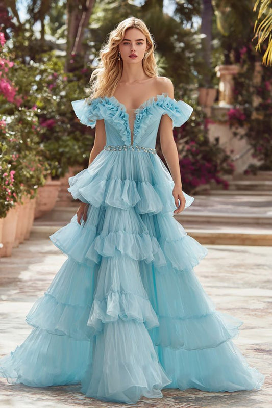 Glamouröses himmelblaues, gerafftes Tüll-Off-Shoulder-Ballkleid mit Perlen für Sweet 16 Quinceanera DP8186