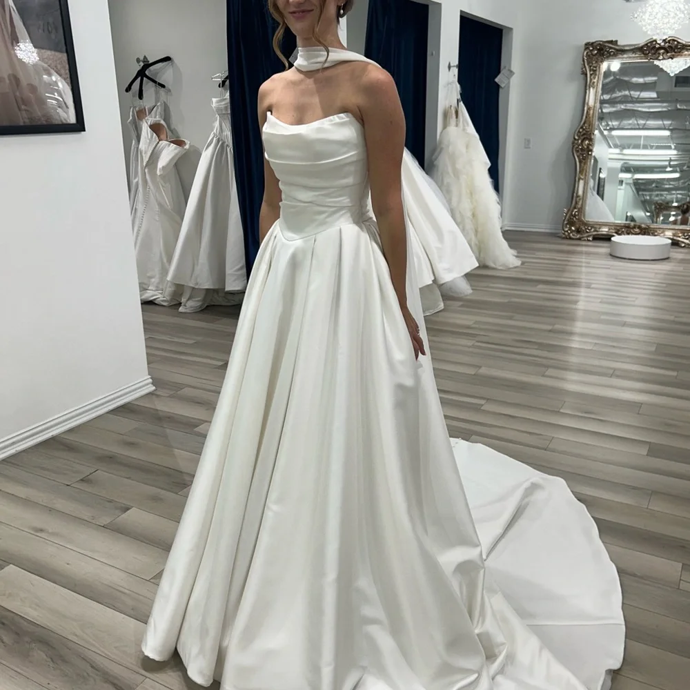 Elegant Satin Draped Strapless Detachable Halter Scarf Wedding Dress DP8388
