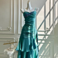 Türkisblaues Vintage Chiffon-Ballkleid mit Rüschen, Stufenrock und Spaghettiträgern im Meerjungfrauen-Stil DP8400
