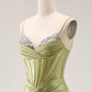 Elegant Olive Green Shiny Satin Spaghetti Strap Mermaid Beaded Sweetheart Evening Gown DP8557