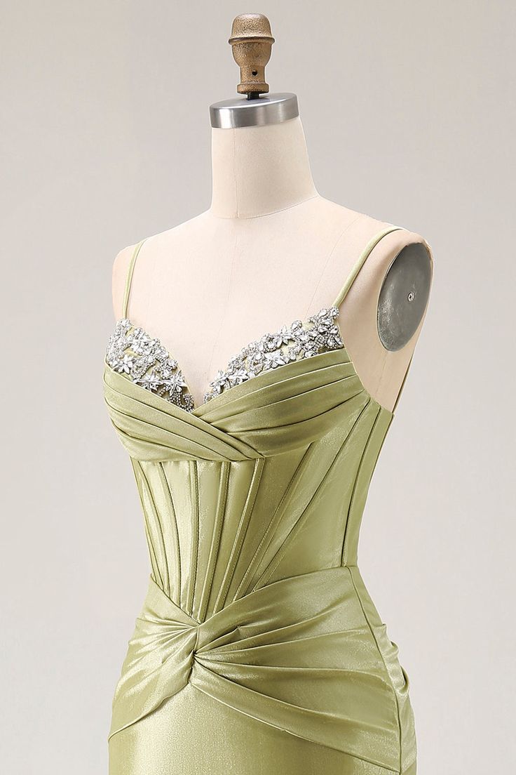 Elegant Olive Green Shiny Satin Spaghetti Strap Mermaid Beaded Sweetheart Evening Gown DP8557