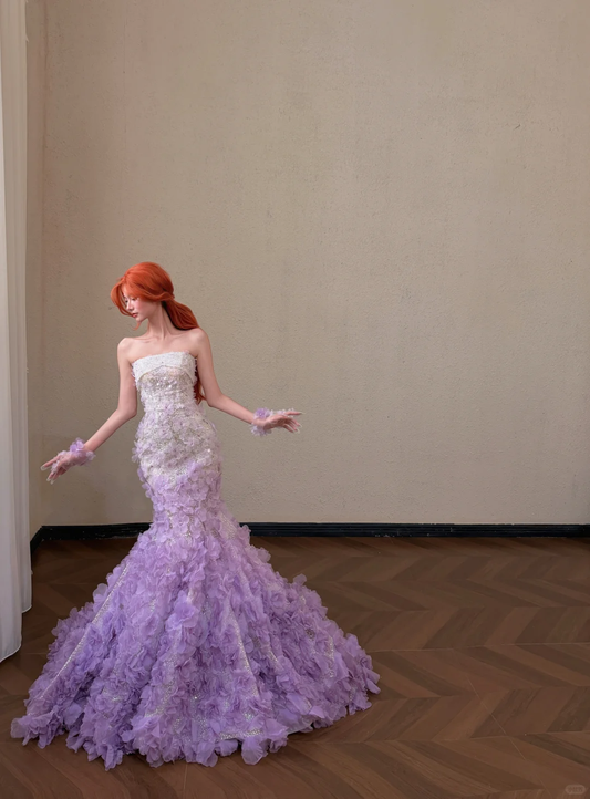 Sparkly Sequins Lavender Strapless 3D Floral Mermaid Evening Dress DP8310