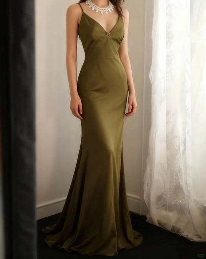 Glamorous Olive Green Satin Spaghetti Strap Deep V-Neck Mermaid with Train Prom Dress DP7651