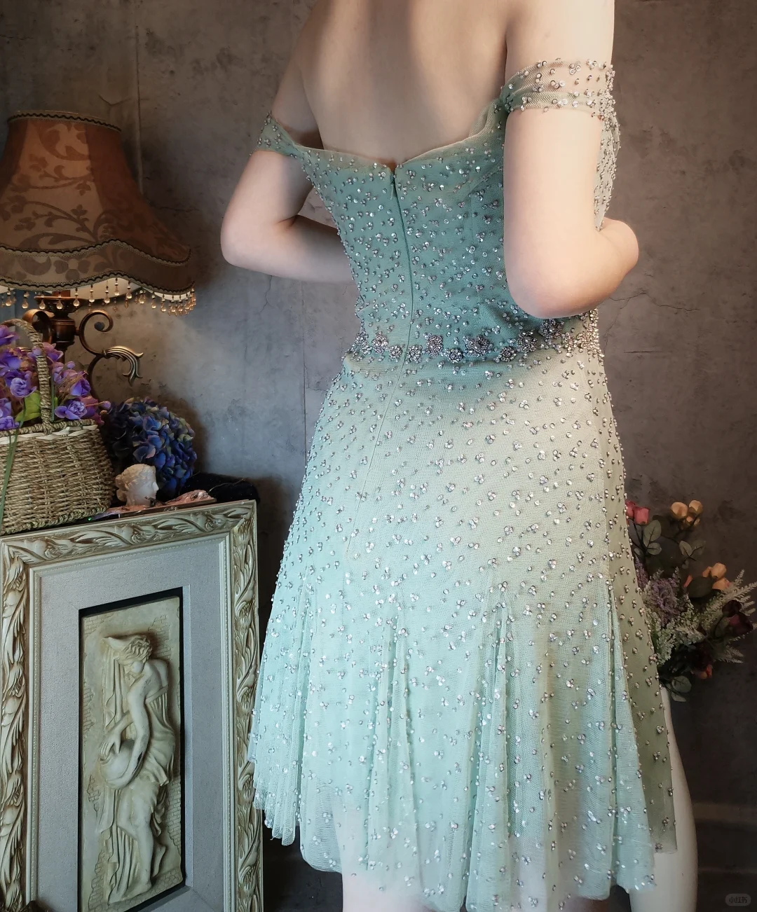 Vintage Light Green Off-the-shoulder Sparkling Beaded Design A-line Short Homecoming Dress DP6056