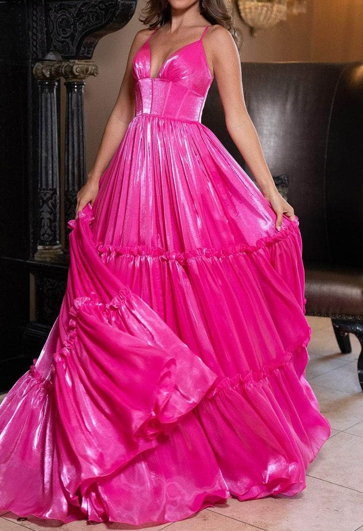 Elegant Shiny Tiered V-Neck Spaghetti Straps Evening Gown Prom Dress DP8163