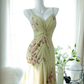 Vintage Light Green Spaghetti Strap Floral Design A-line Romantic Chiffon Evening Dress Prom Dress DP6027