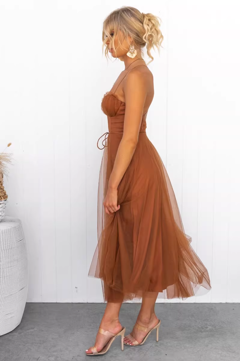 Vintage Tulle Sweetheart Spaghetti Straps Midi Evening Gown DP8143