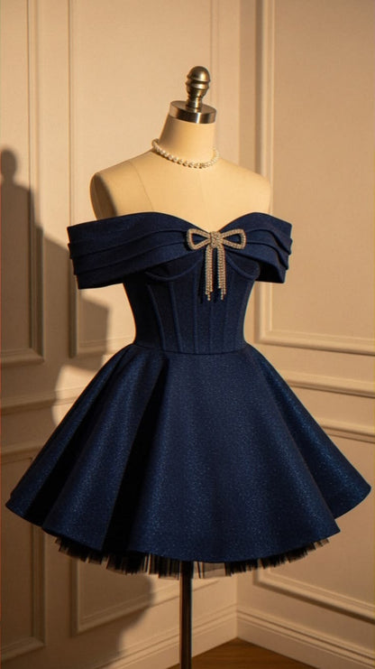 Vintage Navy Blue Off-the-Shoulder Glitter A-Line Homecoming Dress DP8536