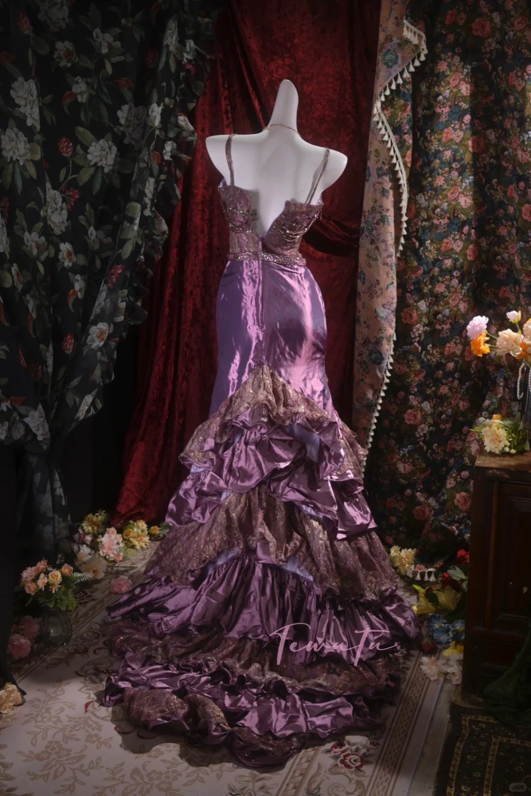 Vintage Purple Beaded Mermaid Evening Gown Tiered Ruffle Lace Prom Dress DP8342