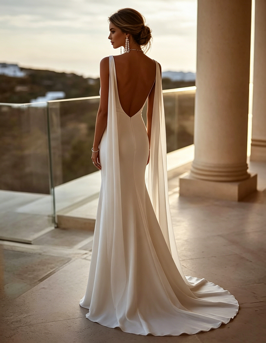 Elegant Deep V Neck Satin Mermaid Sheer Cape Train Wedding Dress DP8420