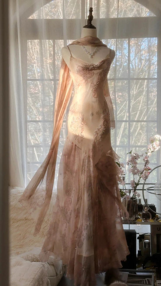 Romantic Blush Floral Beaded Tulle Mermaid Evening Dress with Drape Shawl DP8158