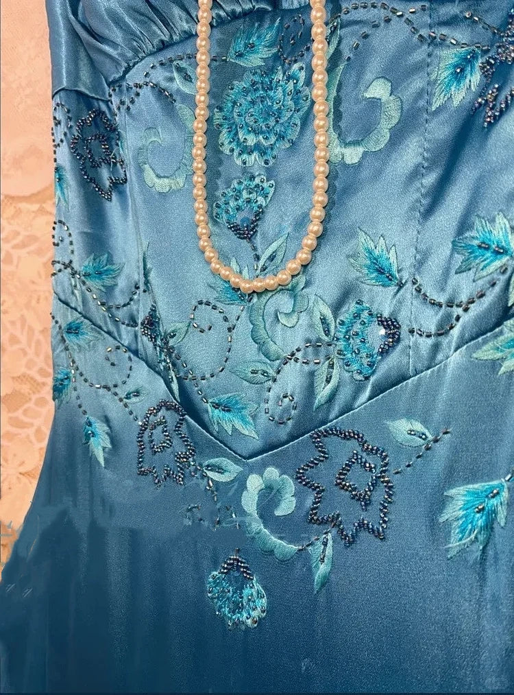 Elegant Ocean Blue Off-the-Shoulder Mermaid Satin & Embroidery Prom Dress DP8180