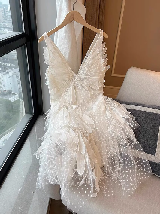 Vintage Weiße Spitze V-Ausschnitt A-Linie Tüll Kurzes Partykleid Homecoming Kleider, DP5973