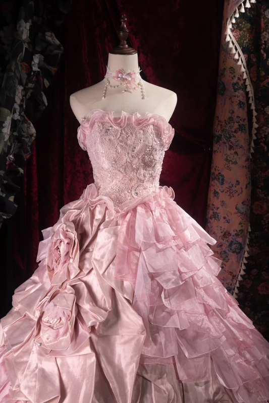 Glamorous Ruffled Strapless 3D Rose Beaded Sweet 16 Quinceanera Ball Gown DP7305