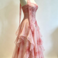 Glamorous A-Line Pink Chiffon Formal Dress Floral Beaded Prom Dress DP8256