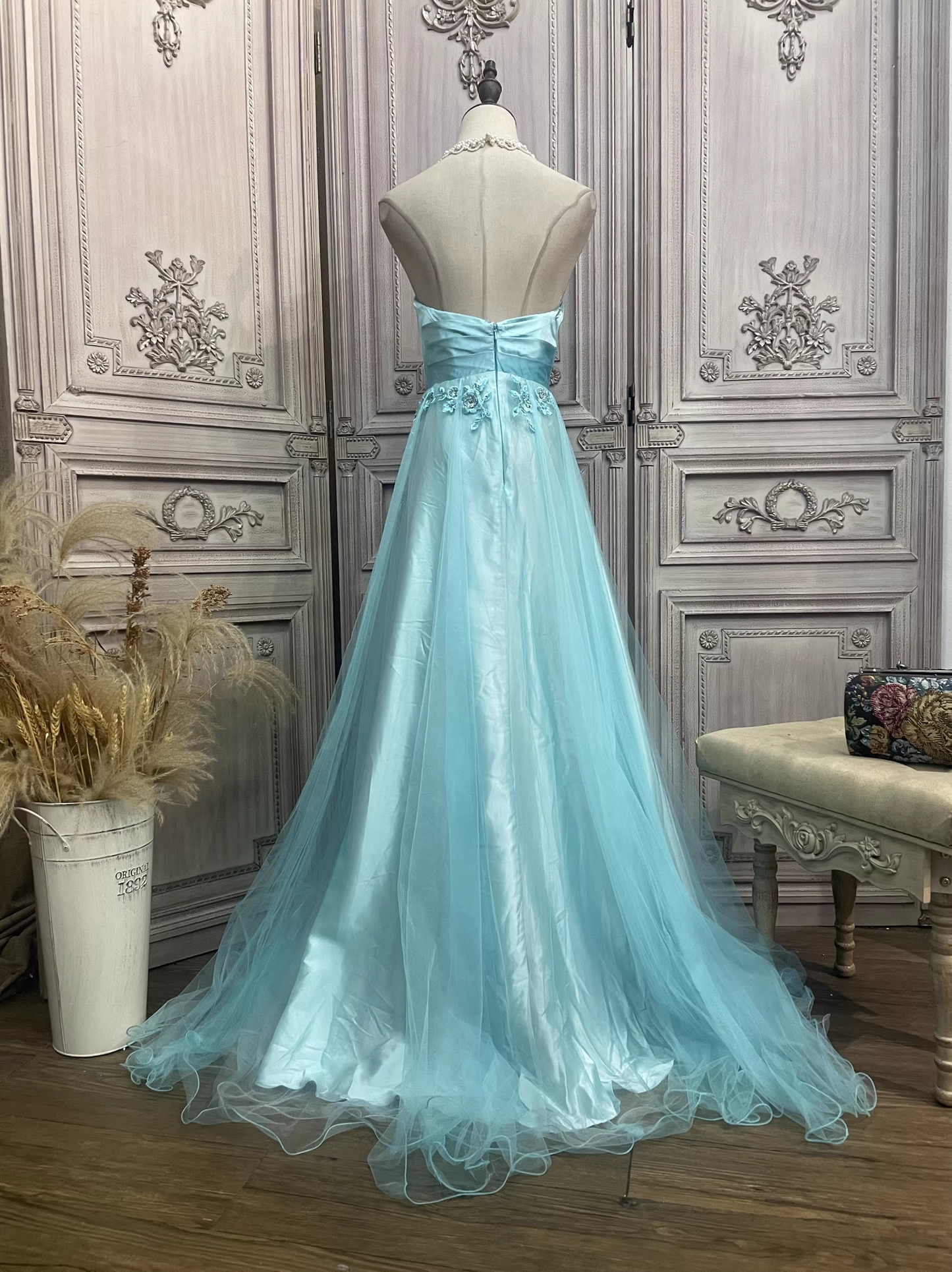 Vintage hellblaues trägerloses A-Linien-Abendkleid mit 3D-Blumenstickerei, formelles Abendkleid/Ballkleid DP7595