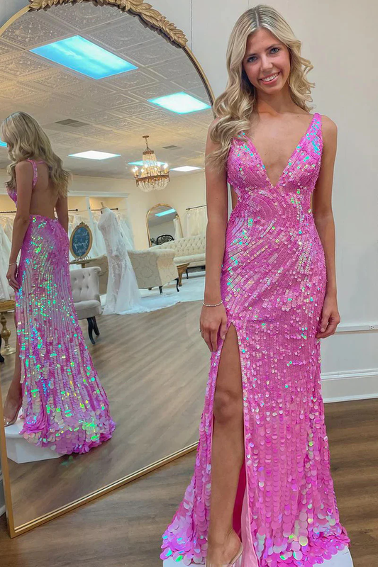 Hot Pink V Neck Backless Sequin Long Prom Dress with Slit, DP2063