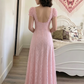 Elegant Pink Lace A-Line Puff Sleeve Prom Dress DP8794