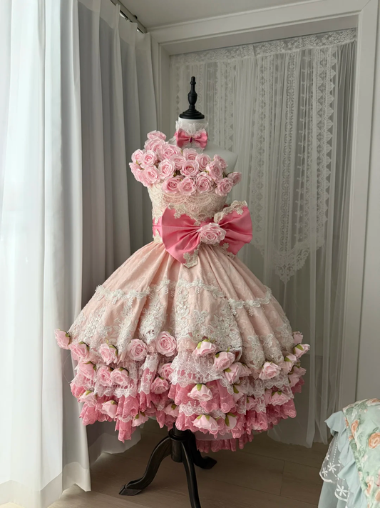 Vintage Pink 3D Floral Lace A-Line Design Tiered Party Dress Homecoming Dress DP6244