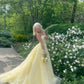 Elegant Strapless Yellow Tulle Prom Dress Lace Appliques and Train Sweet 16 Quinceanera Ball Gown DP8268