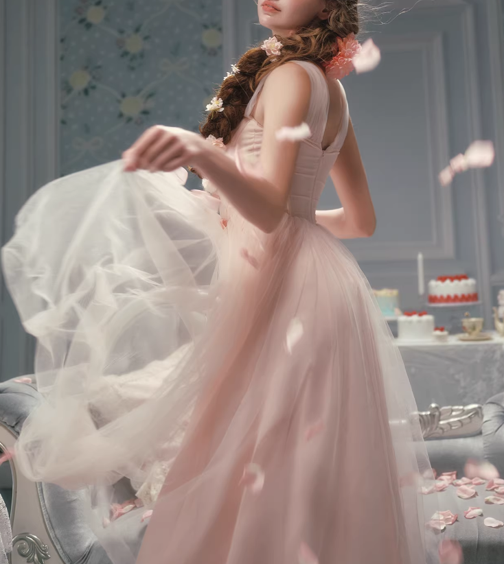 Vintage Pink Tulle Midi 3D Floral Applique Evening Gown DP8001