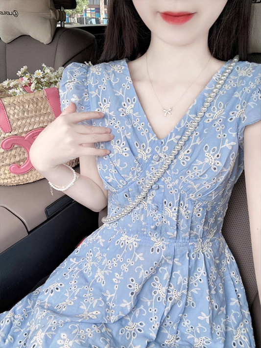 Vintage Light Blue Floral Prom Dress A-Line Short-sleeve Evening Dress Long Summer Dress DP6709