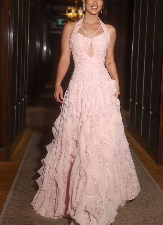 Elegant Pink Halter-Neck Lace Ruffle A-Line Evening Dress DP8704
