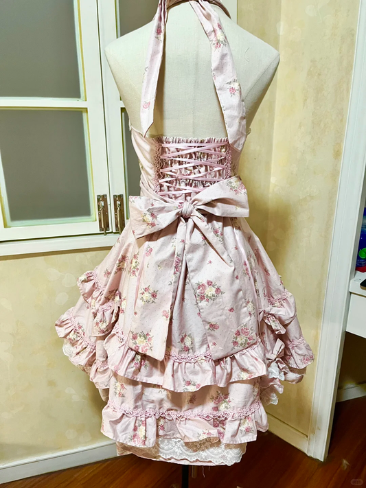 Vintage Pink Floral Halter Dress Design A-Line Elegant Tiered Homecoming Dress Birthday Dress Party Dress DP6192