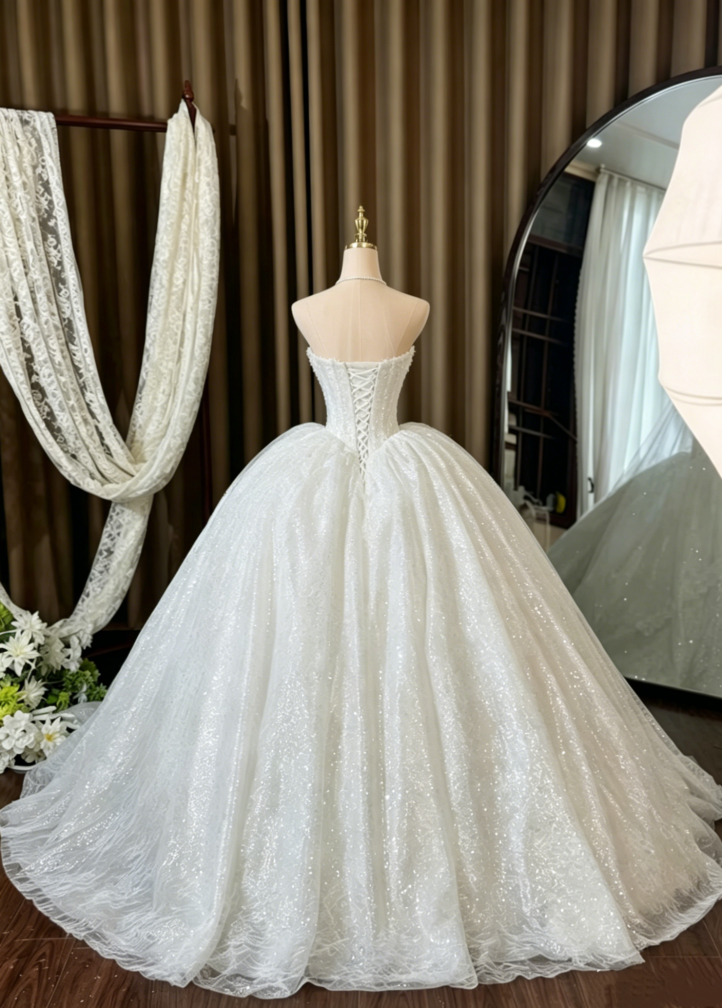 Romantic Sweetheart Sparkly Glitter Lace Veil A-Line Wedding Dress DP8587