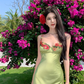 Vintage Green Floral Mermaid Spaghetti Strap Design Satin Prom Dress Evening Dress DP6235
