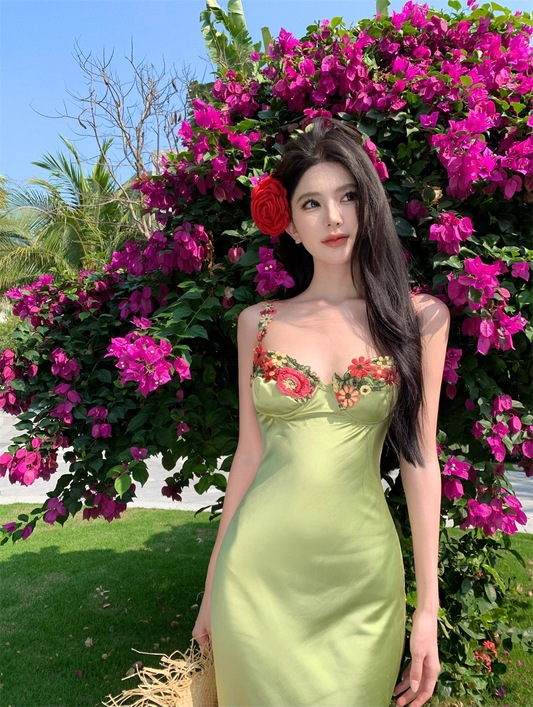 Vintage Grünes Blumen Meerjungfrau Spaghettiträger Design Satin Ballkleid Abendkleid DP6235