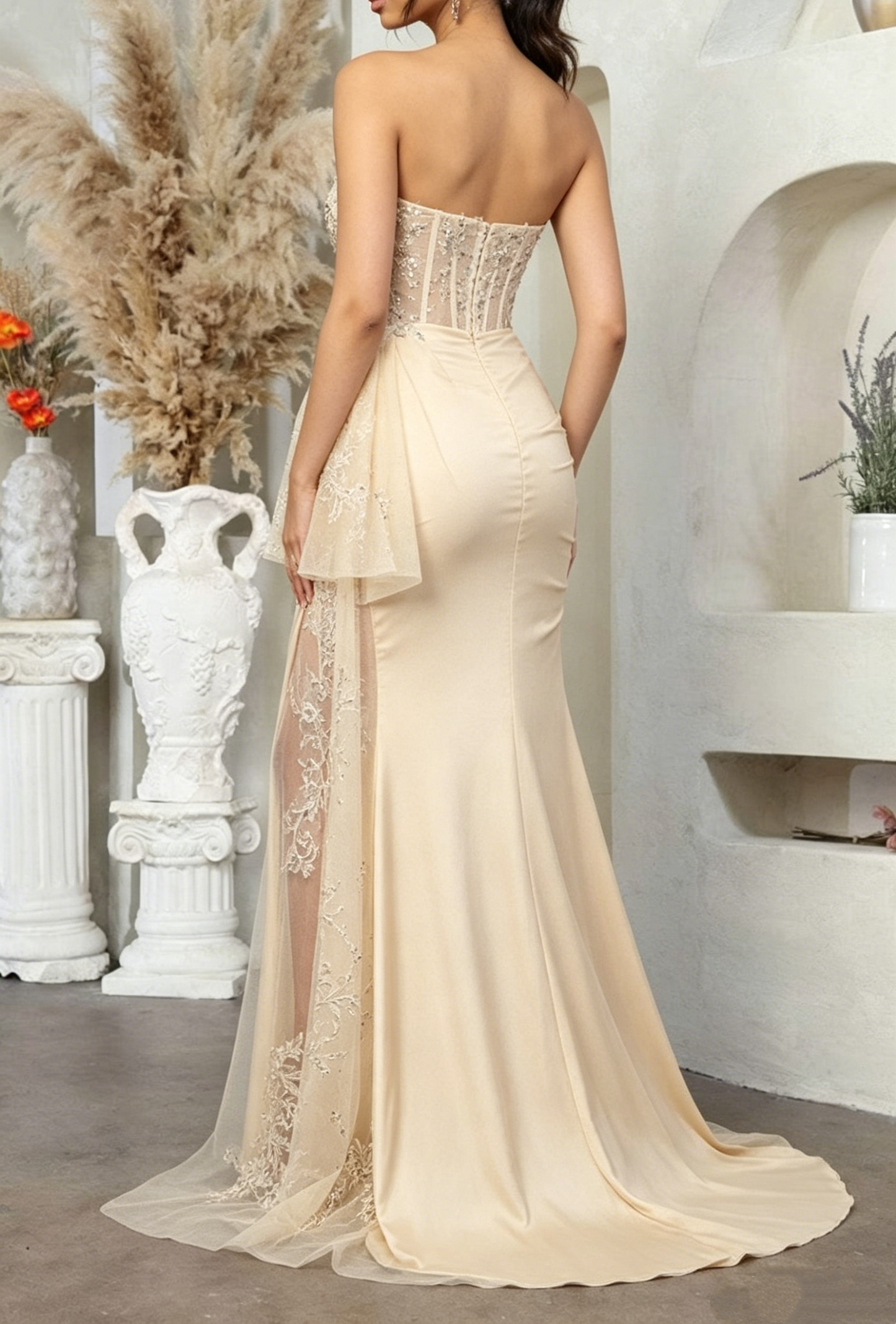 Elegant Champagne Strapless Lace Applique Mermaid Evening Dress DP8534