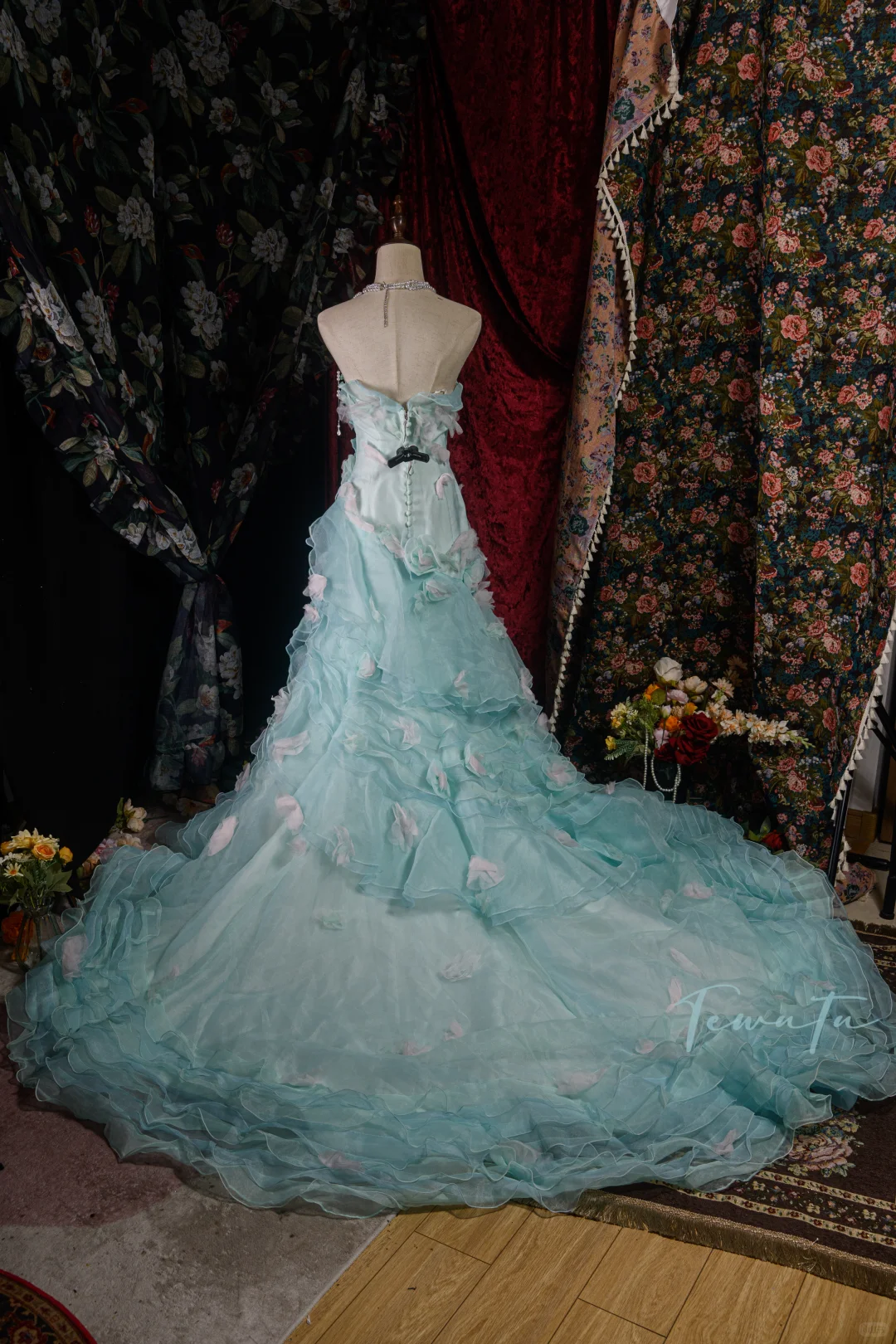 Elegant Mint Green Ruffled Tulle 3D Floral Sweet 16 Quinceanera Ball Gown  DP7414