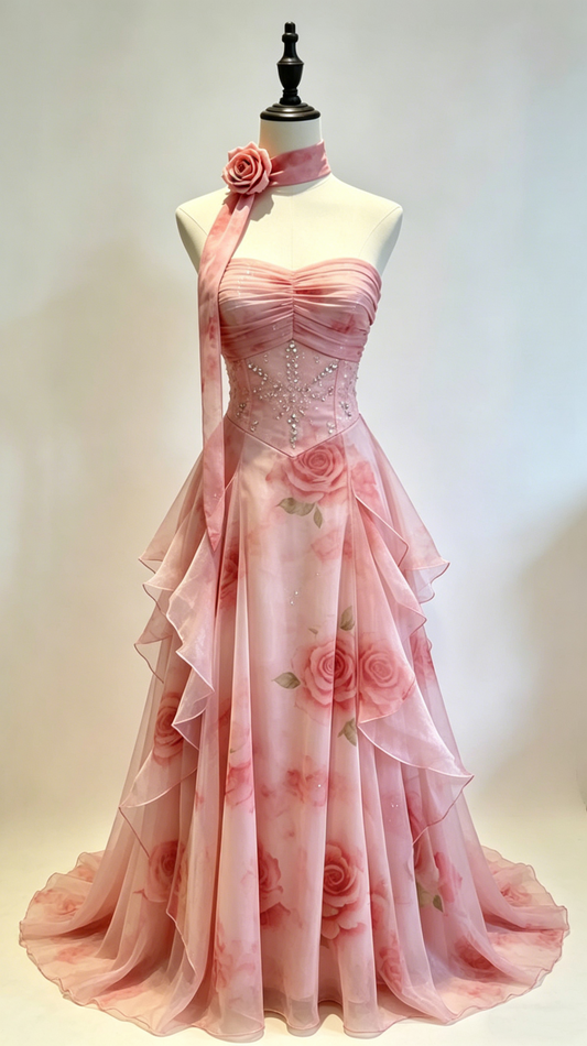 Glamorous A-Line Pink Chiffon Formal Dress Floral Beaded Prom Dress DP8256