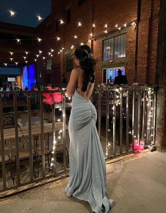 Light Blue Straps Backless Mermaid Long Party Dress, DP2914