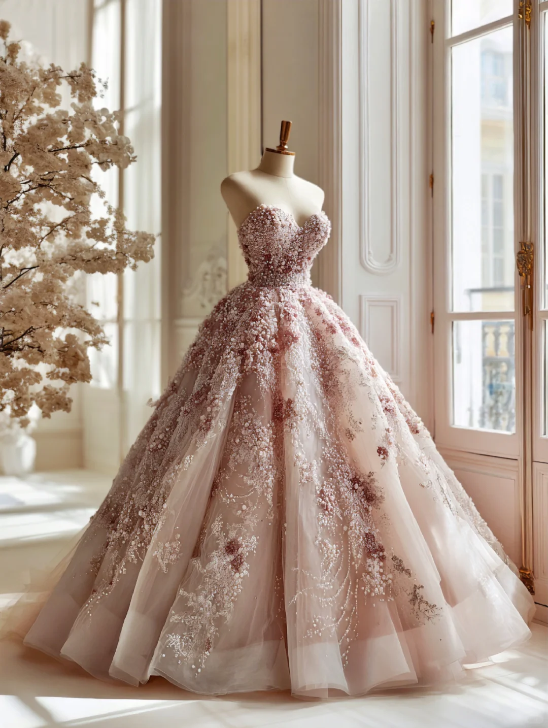 Wunderschönes, pinkfarbenes, trägerloses A-Linien-Kleid mit Herzausschnitt, Perlenstickerei und floralen Applikationen aus Tüll für Sweet 15 Quinceañera (DP7388)
