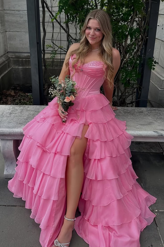Dreamy Strapless Swetheart Ruffled Tiered High Slit Ball Gown DP8159