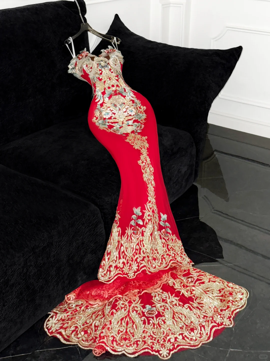 Retro Sparkling Beaded Sequin Mermaid Design Exquisite Embroidery Wedding Outfit Evening Dress Prom Dresses DP6175