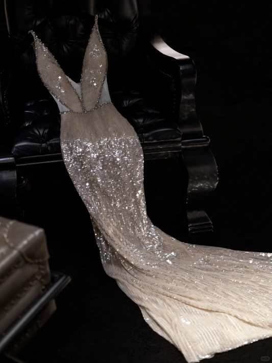 Gorgeous Champagne Sequin Deep V-Neck Mermaid Sparkly Formal Evening Gown DP7341